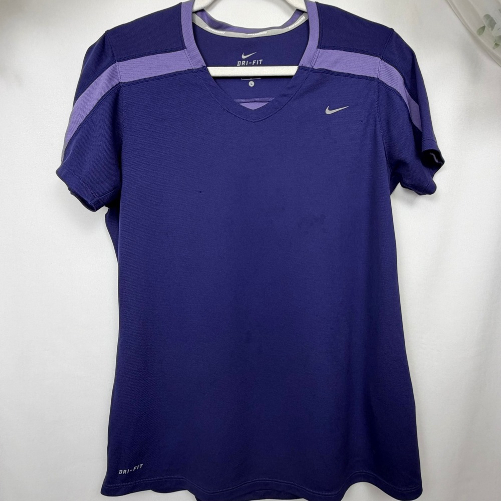 Nike Dri-FIT Womens Running Shirt Purple V-Neck Short Sleeve Athletic Top Large